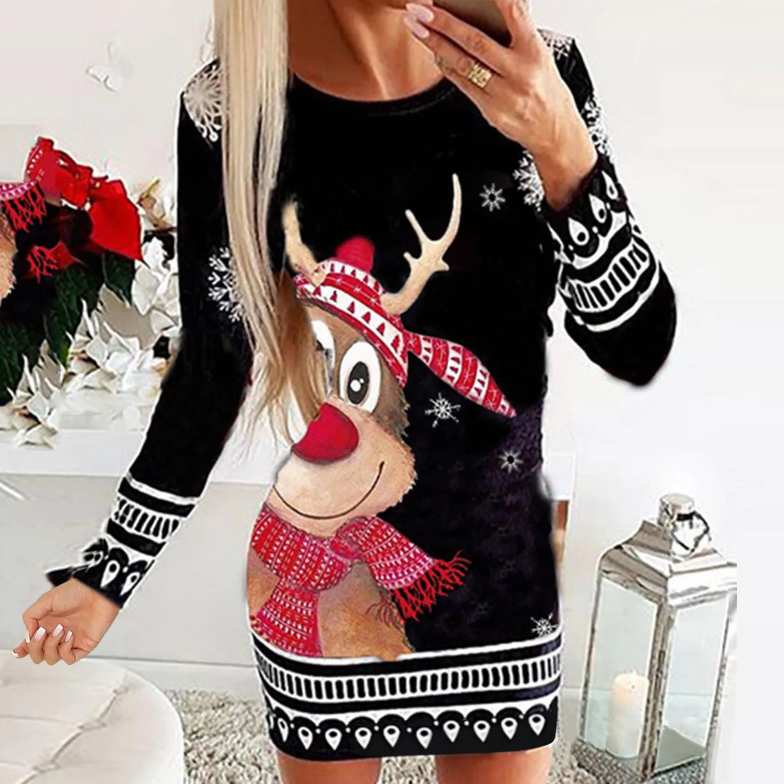 

Retro Fashion Autumn Winter Long Sleeve Loose Christmas Dresses Ladies Christmas Print A-line Mini Dress 2021 tops New Women