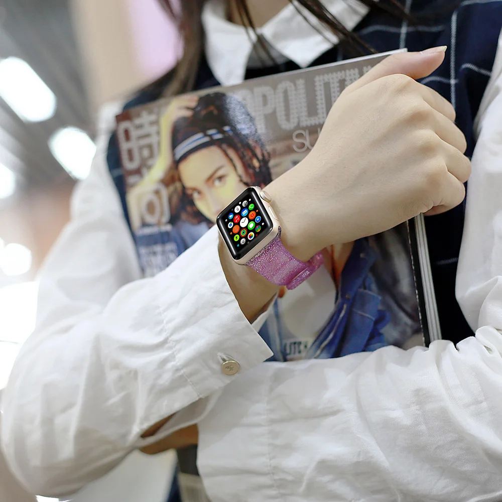 Силиконовый Блестящий прозрачный ремешок для Apple Watch мощный браслет с блестками