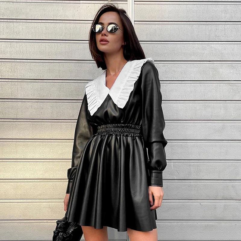 

Gothic Punk PU Leather Mini Dress Women Peter Pan Collar Ruffled Pleated Dress Ladies Women's Lantern Sleeve Waist Dress Spring