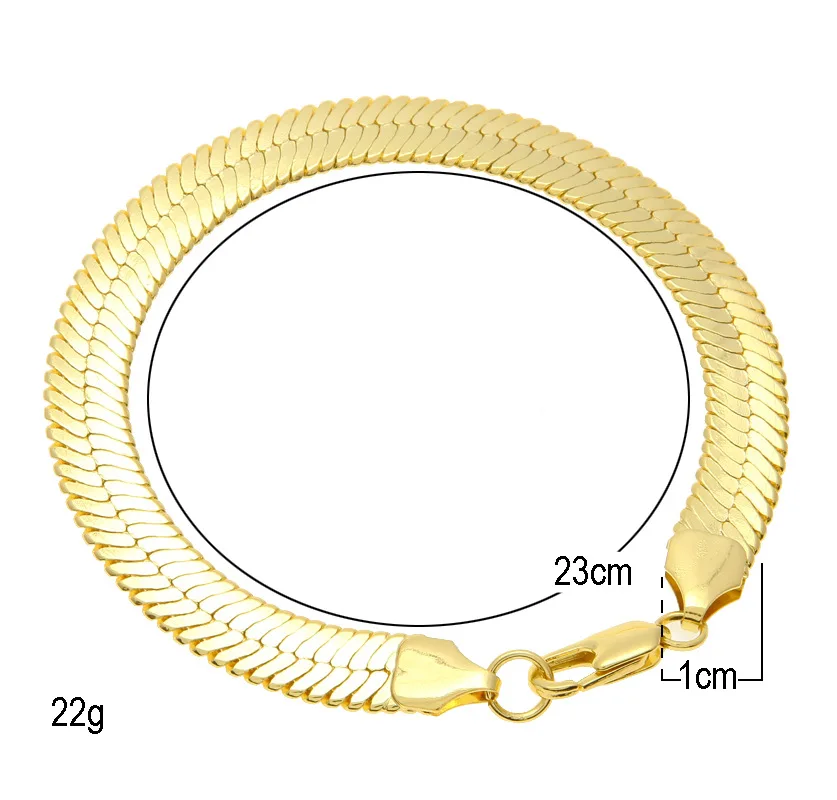 

1 New Fashion Gold Bijoux Color Snake Chain Bracelet Men Fashion Jewelry 100% Copper 10mm 21cm Bling Flat Snake Bracelet Jewelry