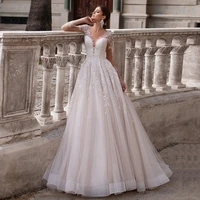 elegant glitter tulle wedding dress 2021 long sleeves scoop neck appliqued a line sweep train robe de mariee bridal dresses