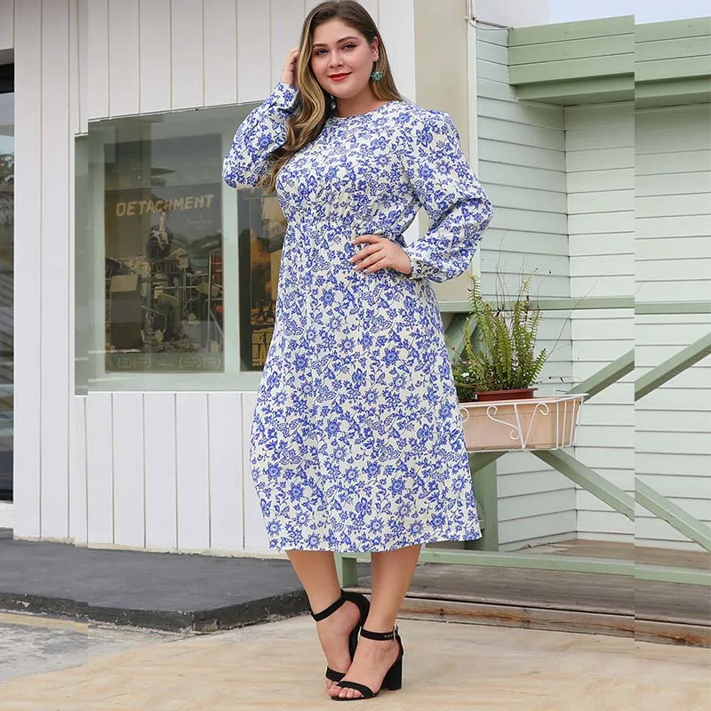 WHZHM осеннее синее цветочное раннее 3XL 4XL платье Вечерние женское свободное