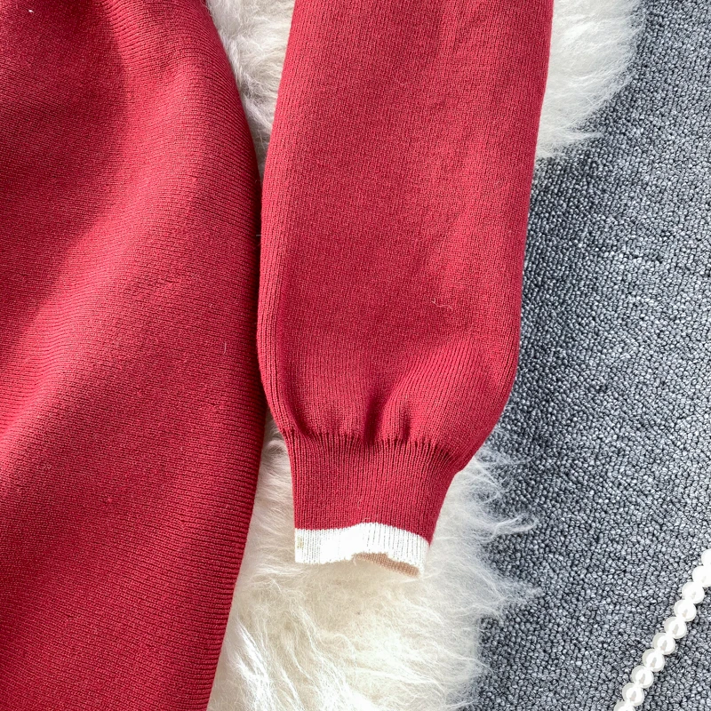 

Women's Autumn and Winter Knit Dress Bow-neck Breasted Slim Fit Knit Dress High Waist A-Line Short Dress Office Lady Dress ML540