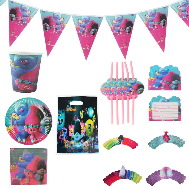 Набор одноразовой посуды с мультяшными троллями для детского дня рождения