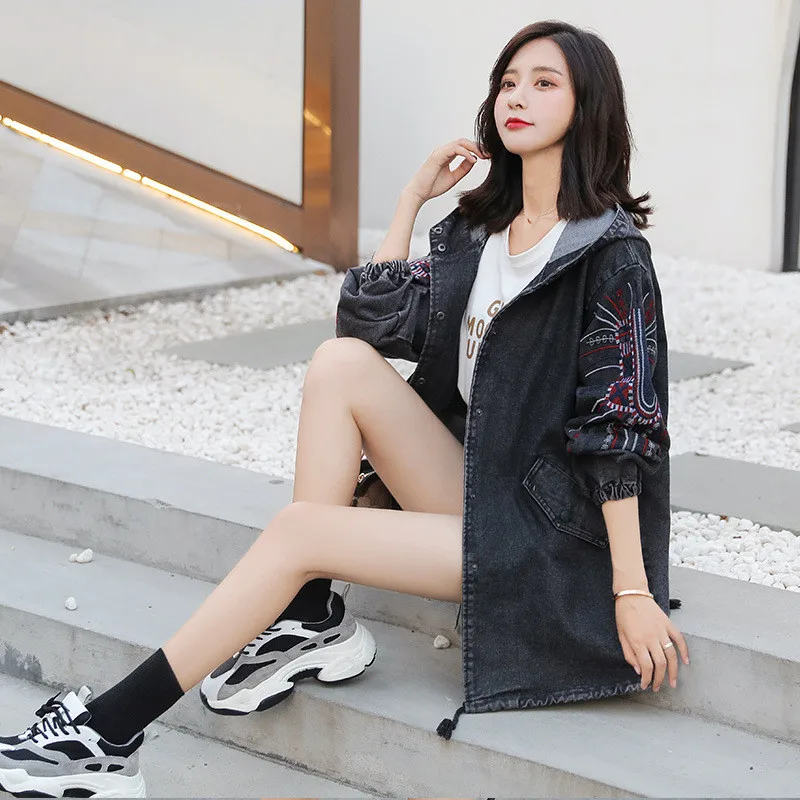 Джинсовый тренчкот с капюшоном Женская весенне осенняя одежда Модный