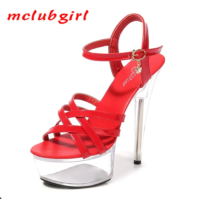 

Mclubgirl 14.5CM Heel 5cm Platfrom 34-43 Sexy Thin Heel Waterproof Platform Sandals Transparent Crystal Shoes Wedding LFD