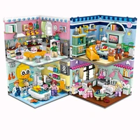 4in1 city street view house scene girls living shower room kitchen mini block figures building bricks educational toys for gifts