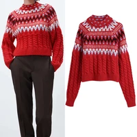 traf women sweater za 2021 knitted red sweater woman vintage jacquard long sleeve short sweater autumn cable knit top pullover