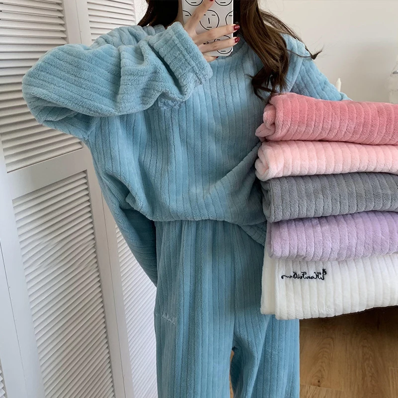 

Winter Pyjamas Set Women's Flannel Pajamas Autumn and Warm Coral Bath Velvet Suit Female Sleepwear Robes 2021 Clothes