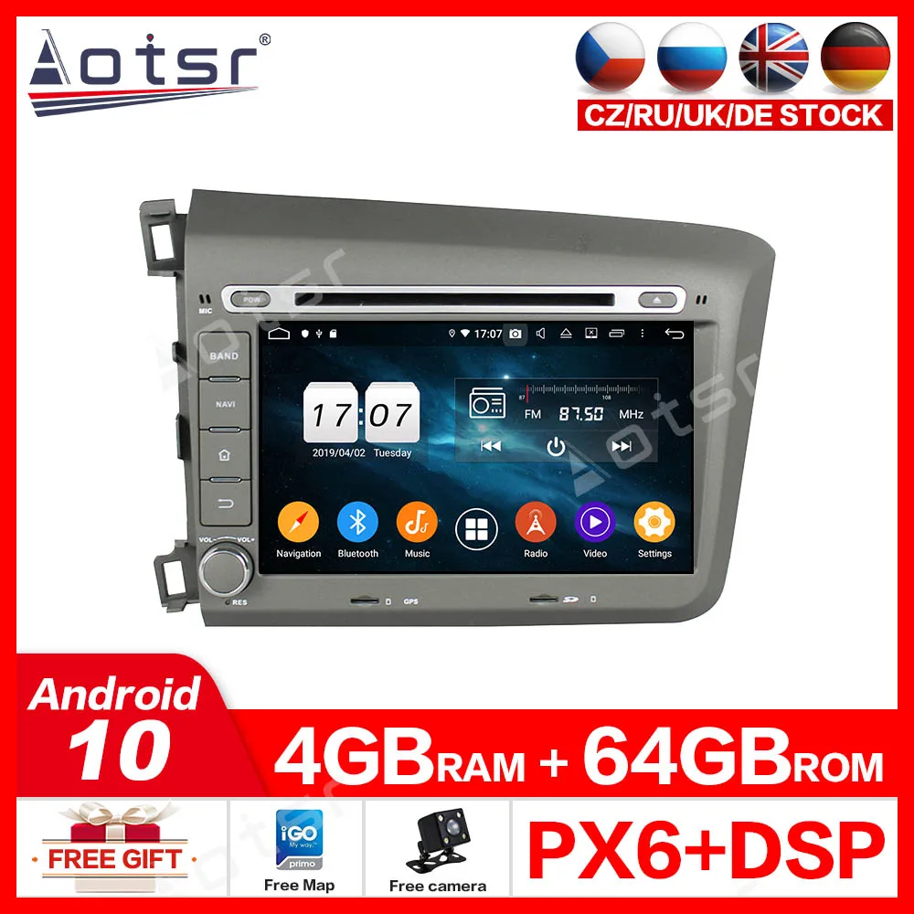 

DSP 4 + 64 ГБ Android 10 автомобильный DVD-плеер GPS навигация карты для Honda Civic 2012 2013 RDS автомобильное радио стерео WIFI 4G Bluetooth PX6 IPS
