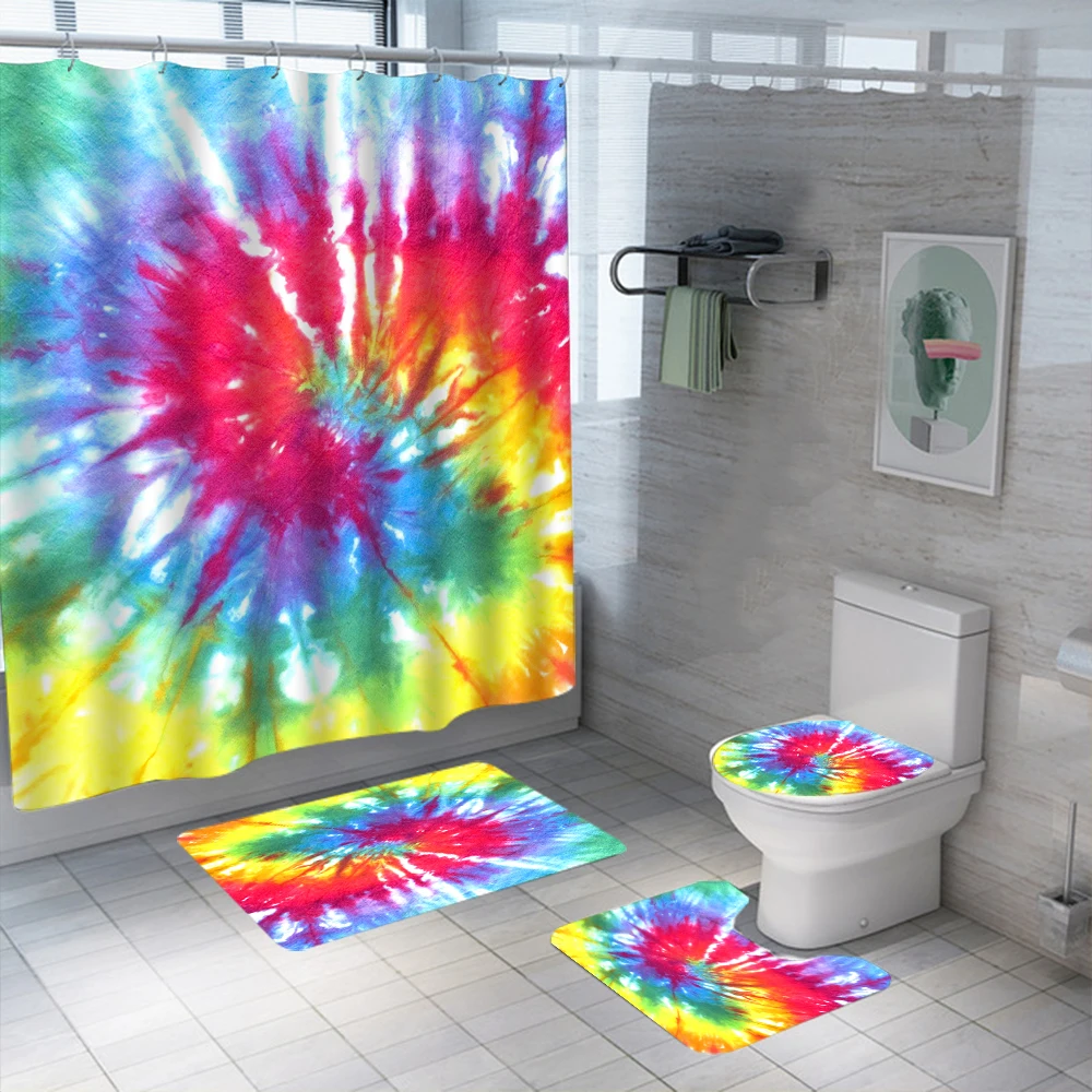

3D Tie Dye Shower Curtain Set Waterproof Washable Polyester Rainbow Bath Curtain Anti-slip Rugs Toilet Lid Cover Bath Mat Set