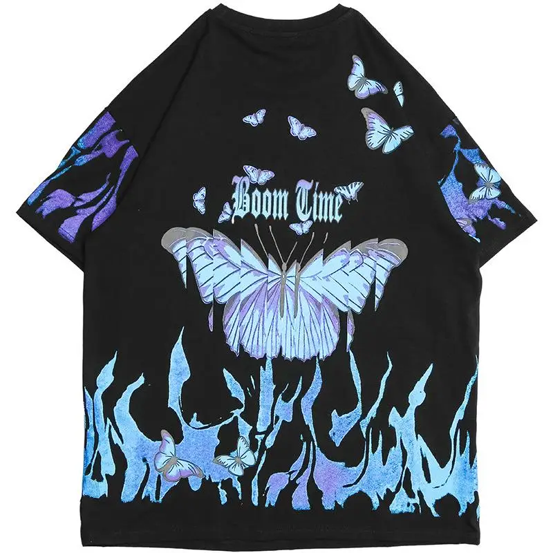 

Men's Harajuku Hip Hop Oversized T-Shirts Blue Fire Butterfly Streetwear Male Casual Short Sleeve T Shirt Women Men Tops Unisex