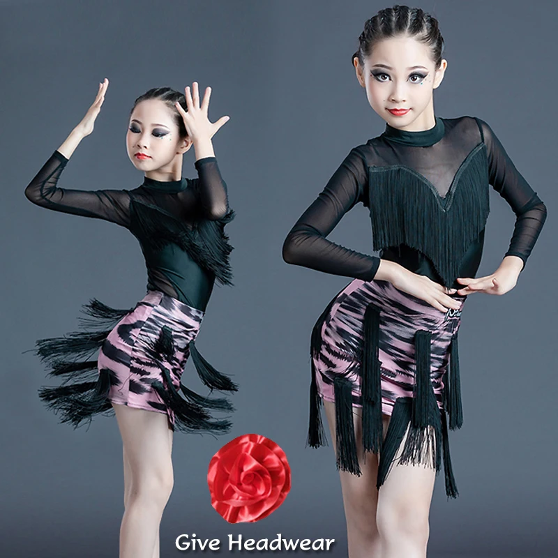 Платье для латиноамериканских танцев девочек черные топы с бахромой и юбка
