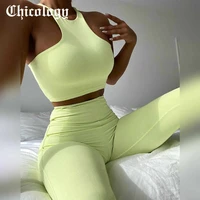 chicology 2022 women summer yoga sets sleeveless round neck crop top long stretchy high waist pants 2 two pieces sets