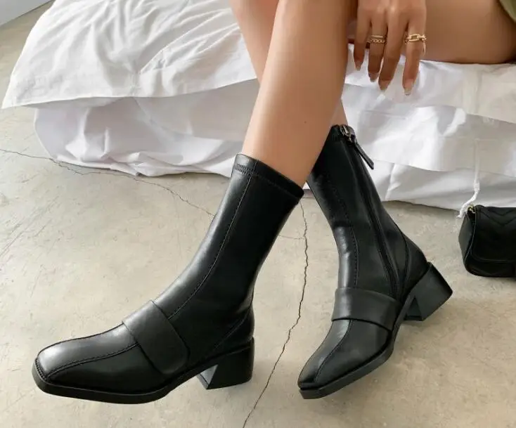 

Новые короткие сапоги до середины икры женские сапоги с квадратным носком на толстом каблуке черного и коричневого цвета кожаные сапоги средней длины в британском стиле Прямая поставка