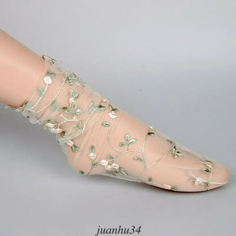 Женские летние милые сетчатые носки с цветочной вышивкой тонкие прозрачные