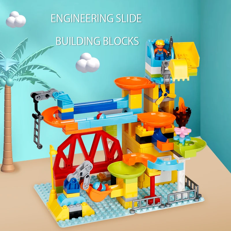 

Engineering Marble Race Run Slide Building Blocks Ball Track Big Bricks STEM Set Toys Gift for Children Kids Toddlers 128pcs