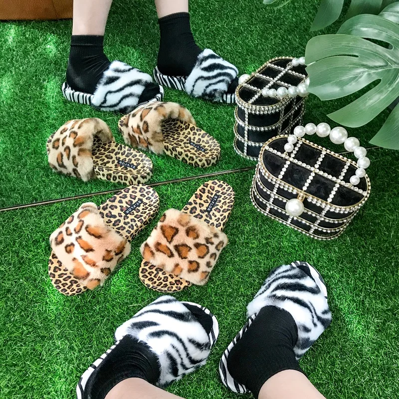

The New Leopard Print Shaggy Sandal for Spring 2021 is a Casual Hot Seller with Black and White Striped Exterior Ladies' Slipper