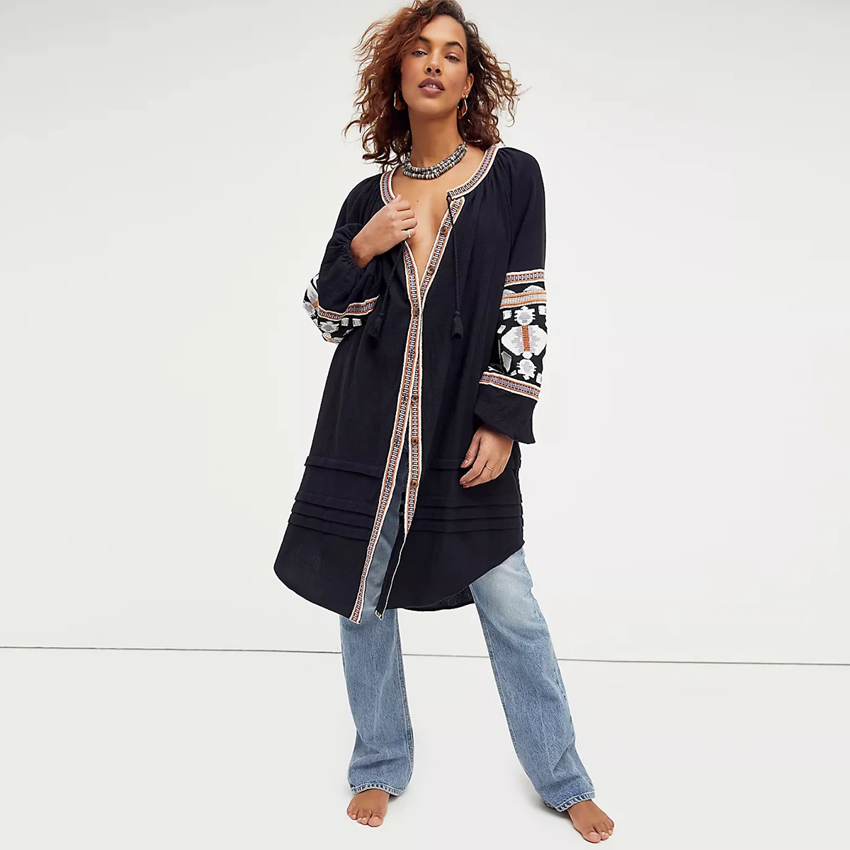 

Jastie/Ретро богемное женское платье с цветочной вышивкой, с круглым воротником и рукавами-фонариками, свободный халат, Осенние повседневные п...