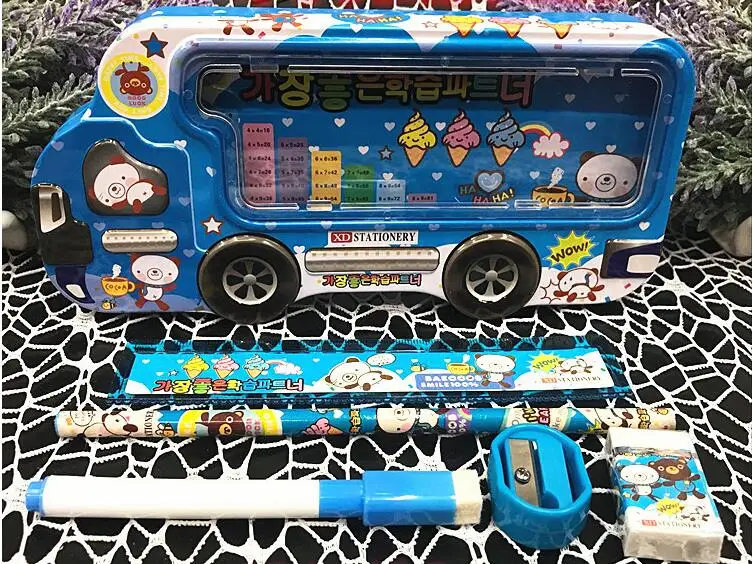 korea bear blue 6 шт./компл. Kawaii мультфильм Doraemon Человек-паук автомобиль металлическая карандашница с карандашом линейка точилка для детей подарок на день рождения школьные канцелярские принадлежности - Цвет: korea bear blue