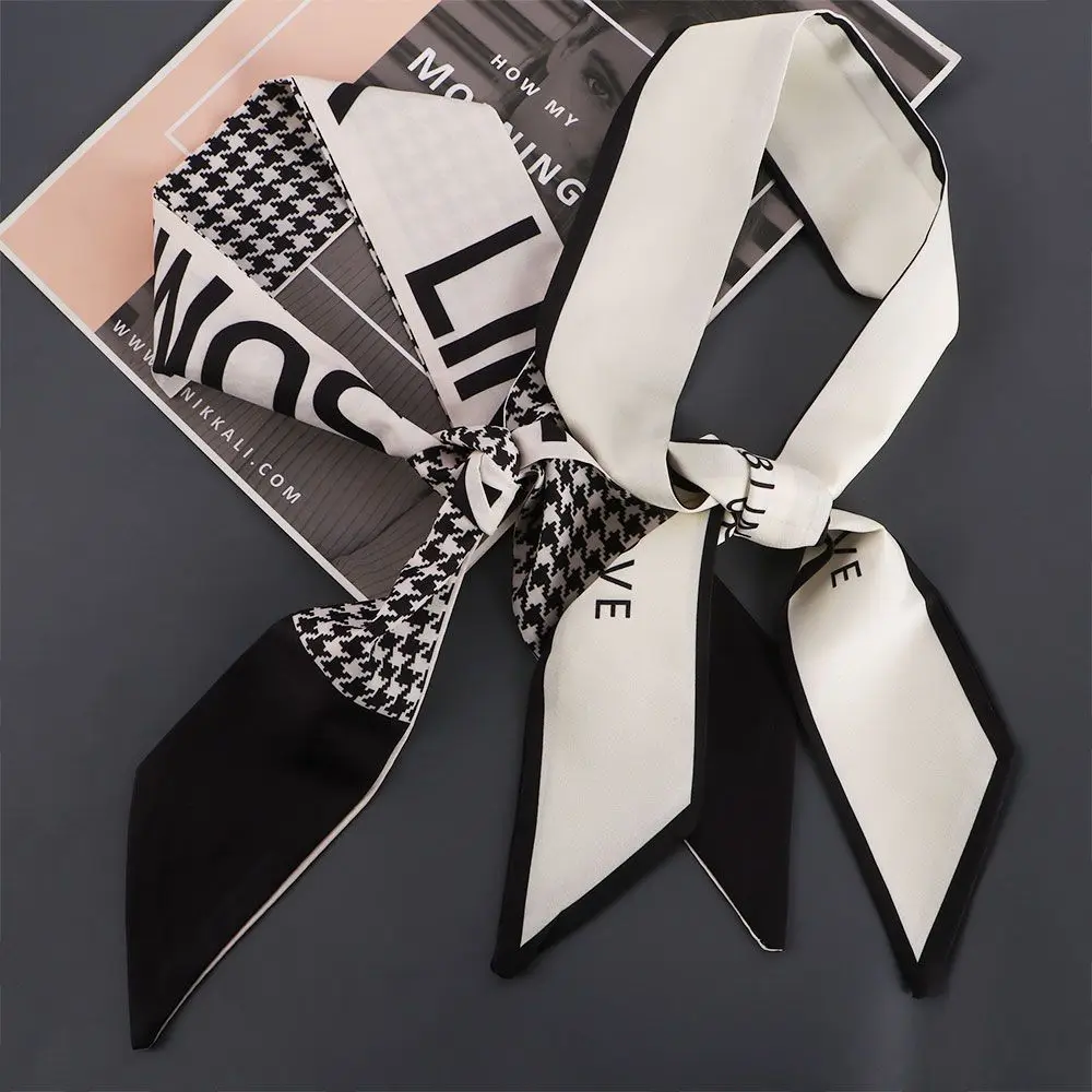 

Elegant French Houndstooth Slender Narrow Silk Scarf Women Retro Printing Tie Hairband Bag Decor Multi-purpose Hair Accessories