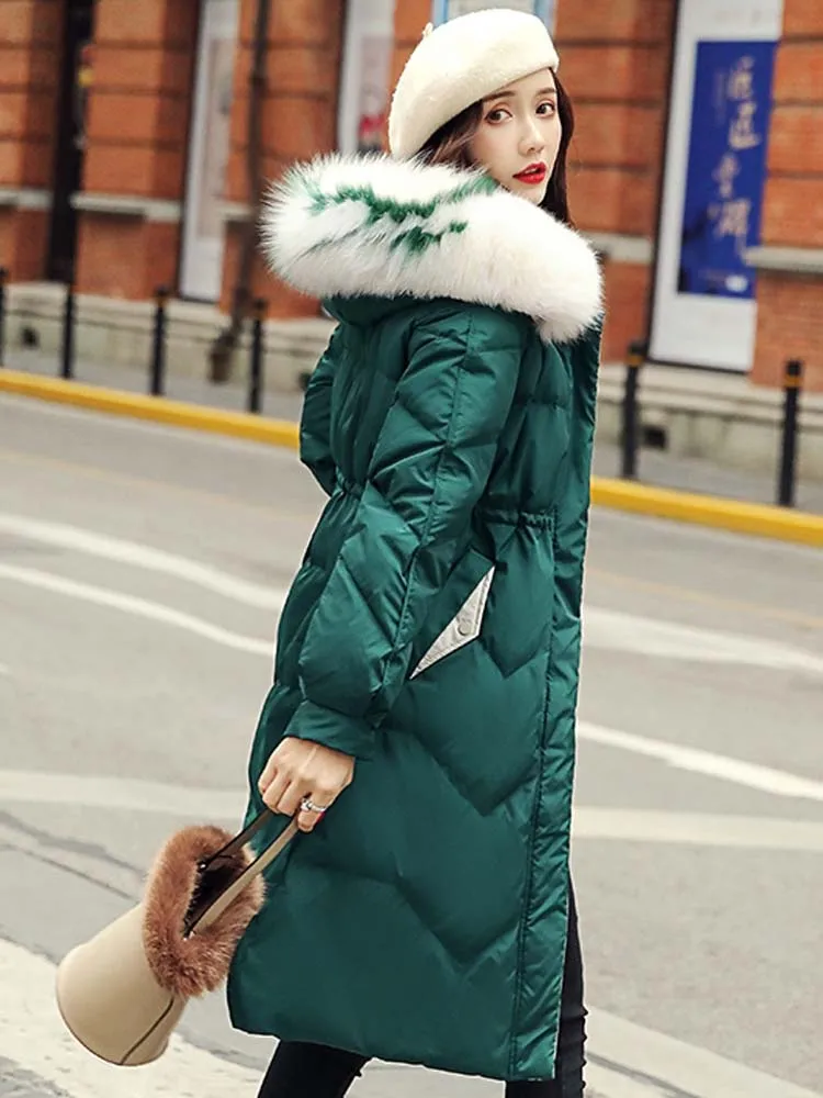 2022 Winter Windbreaker for Woman Warm Duck Down Coat Jacket for Lady Female Two Tone Natural Real Fur Green Black Plus Sized