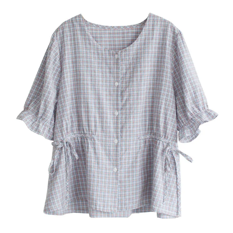 

9107New summer clothes artistic commuter loose ruffled sleeves round neck waist trimming tie-neck plaid cotton and linen top