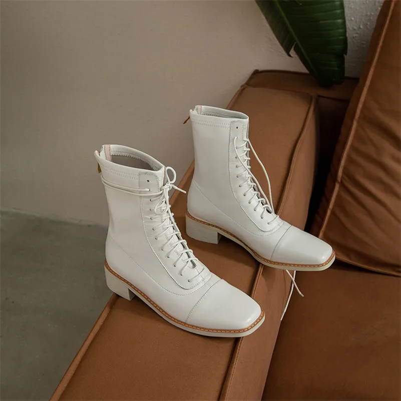 

Meotina Genuine Leather Mid Heel Short Boots Women Shoes Lace Up Zip Square Toe Thick Heels Lady Ankle Boots Autumn Winter Beige