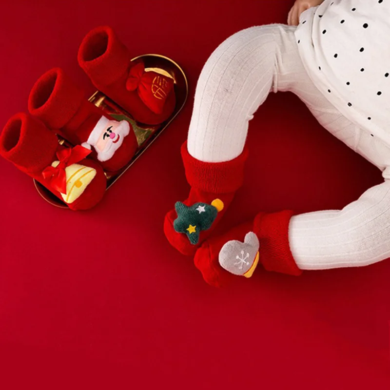 

Детские рождественские носки, Мультяшные утепленные махровые шерстяные детские Нескользящие теплые короткие носки для пола, подарок