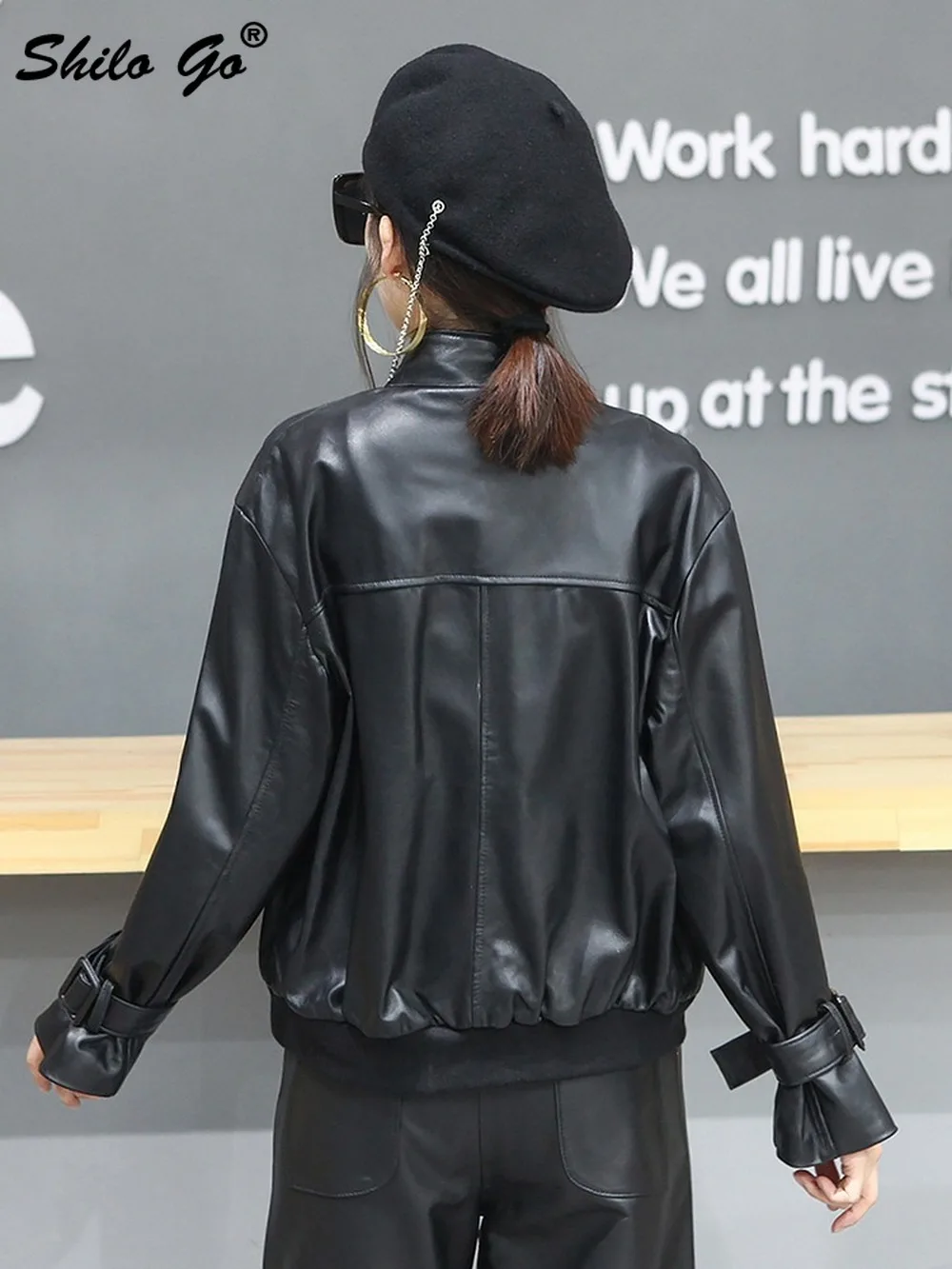 

Buttons Detail Flap Pocket Buckle Belted Zipper Jacket Women Casual Streetwear Black Genuine Leather Coat Sheepskin Outwear