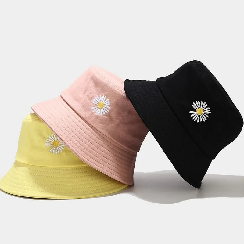 

Unisex Harajuku Bucket Hat Fishing Outdoor Cap Women Bucket Fishing Hats Sunscreen Daisy Embroidery Fisherman Hat Bucket Hat