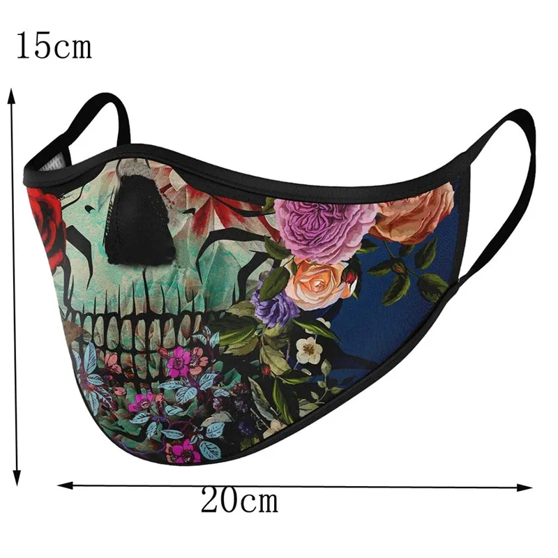 

3D Printed Skull Face Masks Reusable Cotton Mouth Anti Dust Breathable Halloween Adults Protective Mouth Mask Washable Masque