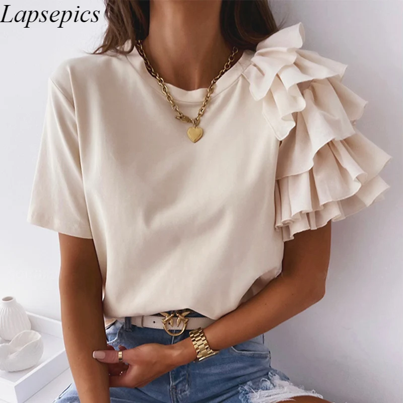

Women Shirts Fashion Ruffle Short Sleeve Blouse Elegant O-Neck Solid Color Top Casual Slim Pullover T-shirt