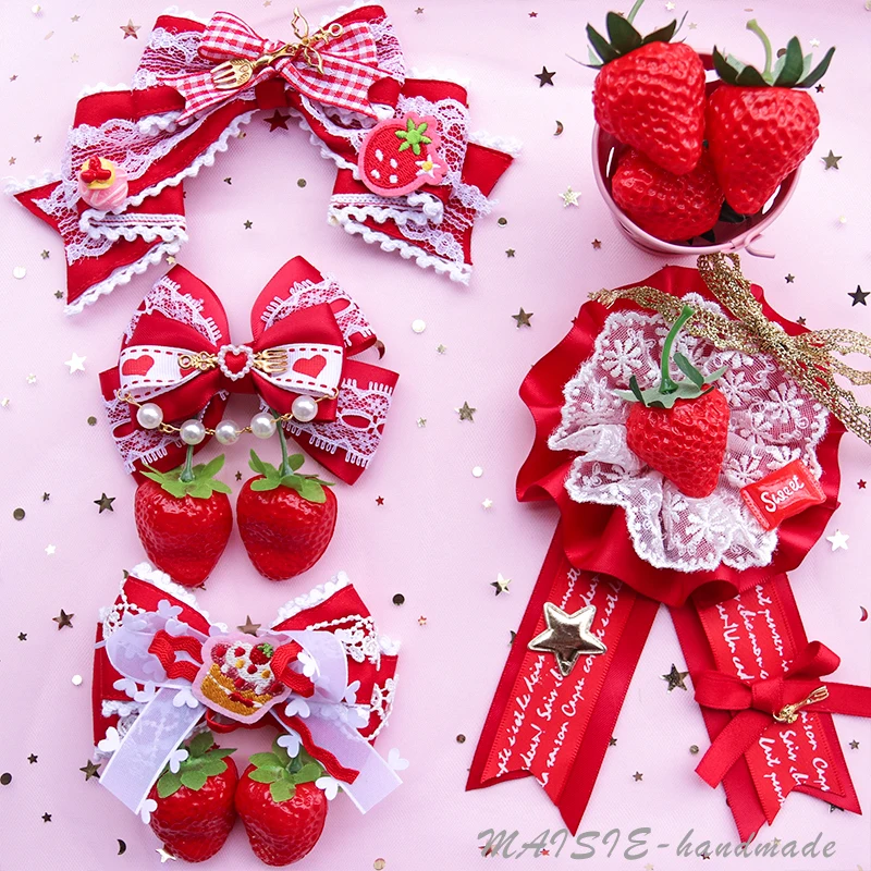 

Strawberry Hair Clip Lolita Soft sister Cute Brooch KC Lace Bowknot Hair ornament Side clip Sweet Barrettes Handmade Headdress