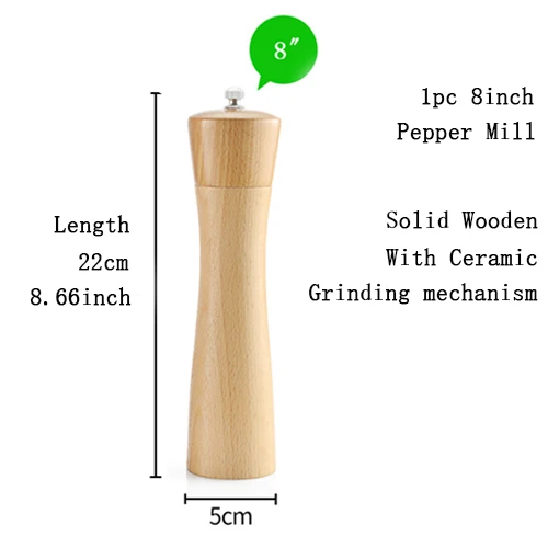 1pc 8inch Кухонная мельница для перца из цельного дерева, ручная мельница для соли и перца с керамическим шлифовальным перцем, приправа для специй, барбекю, мельницы для соли и перца - Цвет: 1pc 8inch