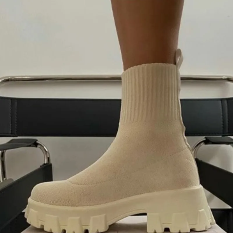 

2021 Women Socks Boots Fashion Knitted Platform Boots Slip On Thick Heels Ankle Boots Female Autumn Winter Shoes Short Booties
