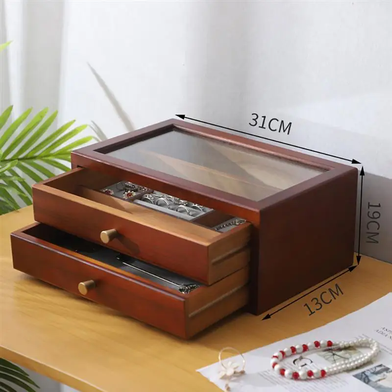 

Double-Layer Luxury Jewelry Box Wood Drawer Style Jewelry Storage Case Desktop Storage Box Desktop Decoration For Home (Brown)