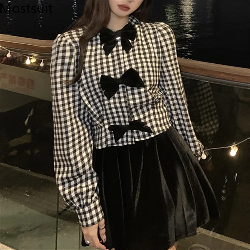 

Bow Colloar Plaid Korean Women Shirt Tops 2021 Autumn Full Sleeve Vintage Fashion Stylish Ladies Blouses Blusas Femme