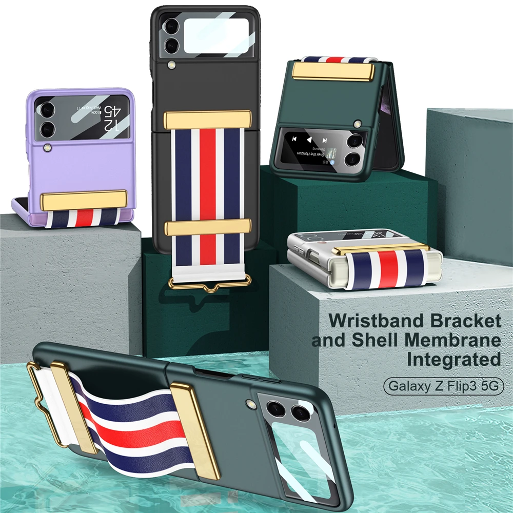 

Luxury with Wristband Matte Cover for Samsung Galaxy Z Flip 3 5G Case Built-in Screen Protector Anti-Fall Shockproof Coque Funda
