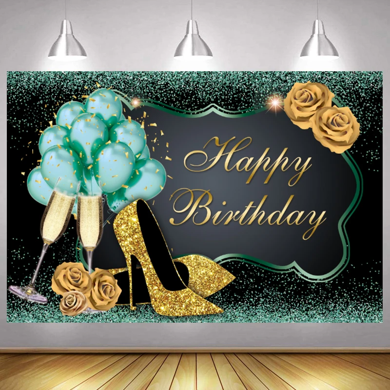 

Green Happy Birthday Photo Backdrop Party Flower Glitter Photography Background Lady Men Banner Kids Photocall