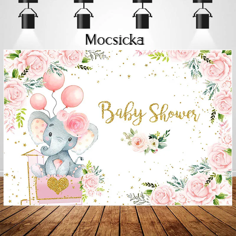 

Elephant Baby Shower Backdrop Pink Floral Girl Elephant Party Photo Backdrops Cake Table Decorations Photography Background