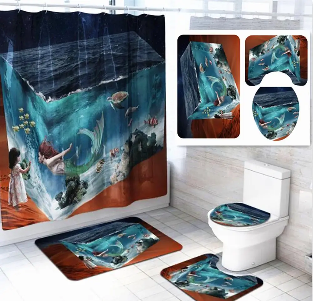 Комплект штор для душа WUJIE с 3D принтом русалки противоскользящая