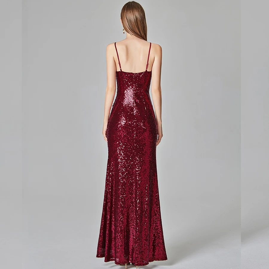 Женское вечернее платье на бретельках длинное Бордовое без рукавов с блестками и