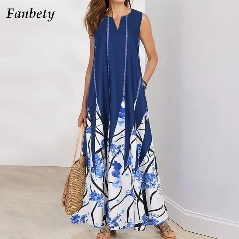 

Women Vintage Pattern Print Maxi Dress 2022 Summer Sexy Sleeveless Pocket Party Dress Ladies Spring Fashion V-Neck Dress Vestido