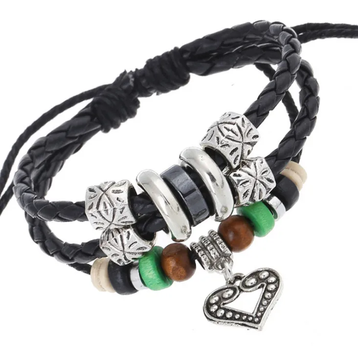 Модный женский браслет с сердечками манжетами Винтажные бусины Черная Плетеная