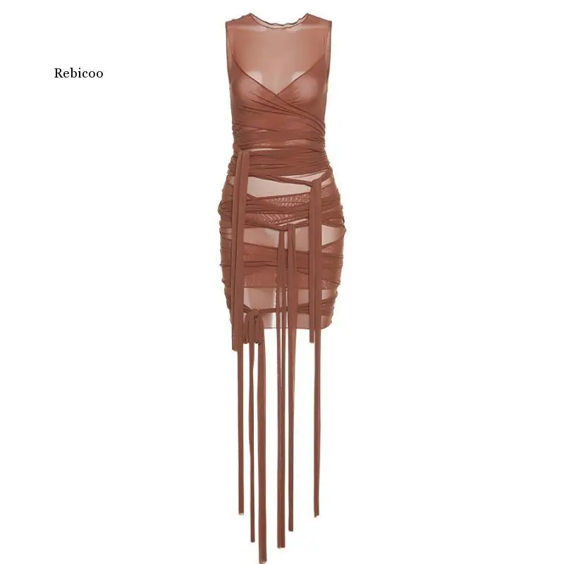 

Summer Women's Ribbon Mesh See-Through Party Dress Ladies Sexy Club Outfit Mini Dress Solid Color Sleeveless Basic Female Costum