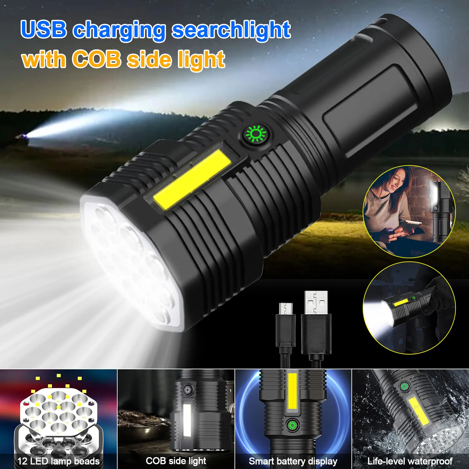 12LED Electric Display Strong Light Flashlight USB Charging With COB Side Ultra Bright Emergency Lantern Built-in Battery - купить по