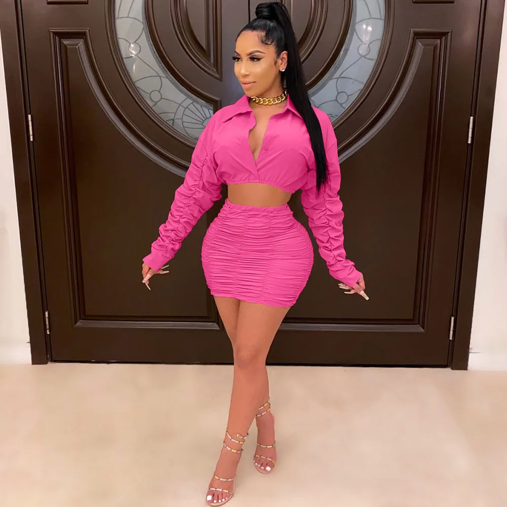 

Plus Size Ruched 2 Piece Skirt Set for Women Matching Sets Fall Clothes Long Sleeve Crop Top and Mini Skirt Bodycon Club Outfits