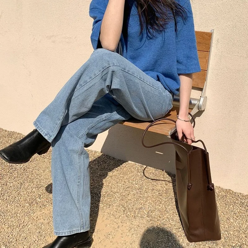 

ZAWAHIKI Vintage Streetwear Women Denim Blue Jeans 2021 Spring High Waist Loose Trousers Female Straight Leg Jeans Pants