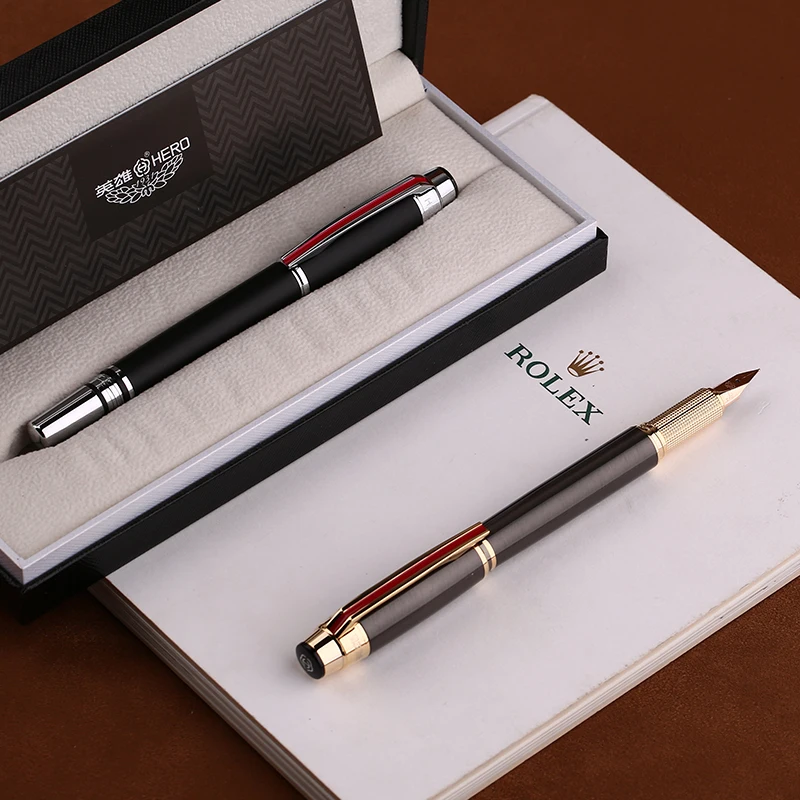 HERO 200E 14K Gold Fountain Pen Classic Ink Pen Fine Nib 0.5mm Matte Black / Gray with Clip Office Business Writing Gift Pen Set